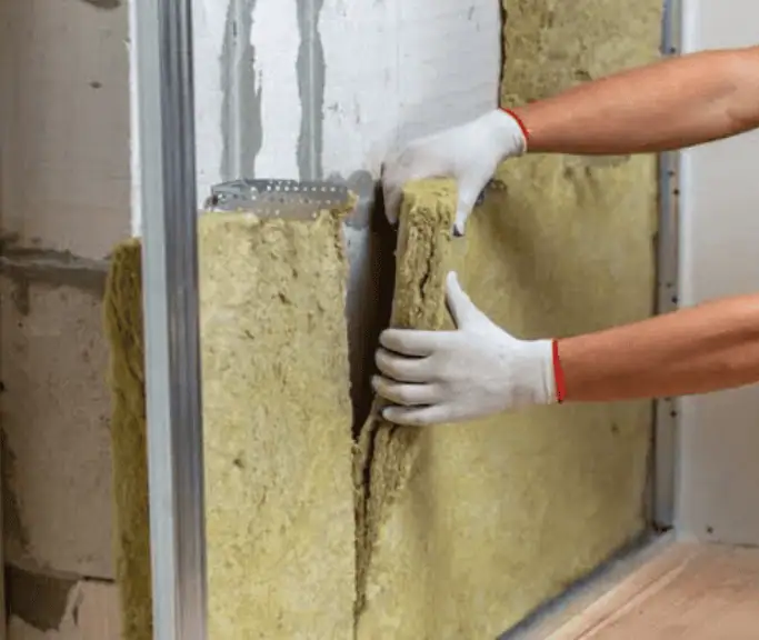 Rockwool insulation installed in a commercial wall for fire protection and sound insulation