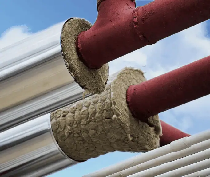 Rockwool wired mats wrapped around industrial pipes for thermal and fire insulation