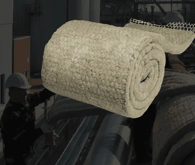 Rockwool wired mat being installed in an industrial setting